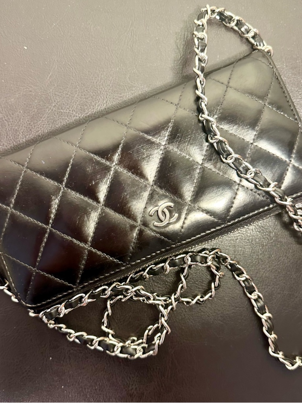 Authentic CHANEL Black Quilted Leather Wallet With Chain . Customized - Picture 2 of 12